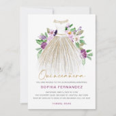 Paarse gouden glitter bloemenjurk quinceañera kaart (Voorkant)