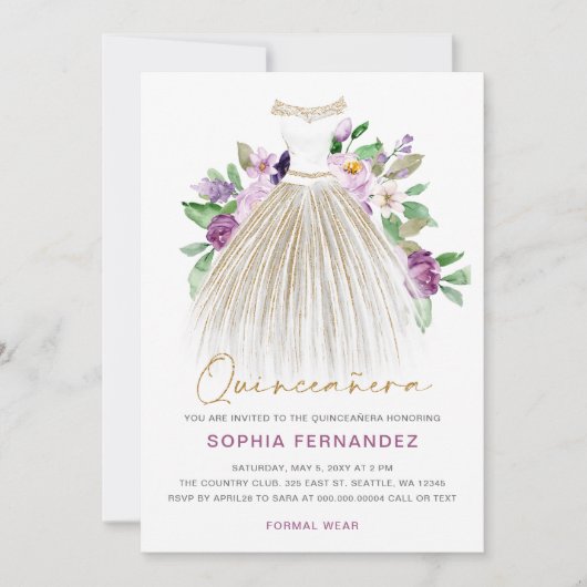 Paarse gouden glitter bloemenjurk quinceañera kaart (Voorkant)