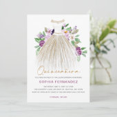 Paarse gouden glitter bloemenjurk quinceañera kaart (Staand voorkant)