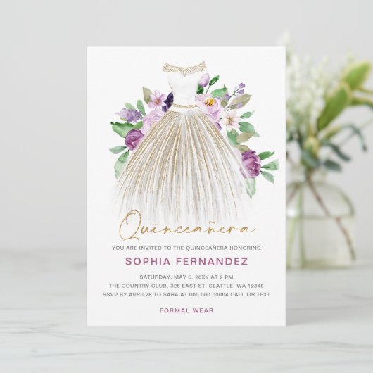 Paarse gouden glitter bloemenjurk quinceañera kaart (Staand voorkant)