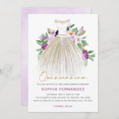 Paarse gouden glitter bloemenjurk quinceañera kaart (Voorkant / Achterkant)