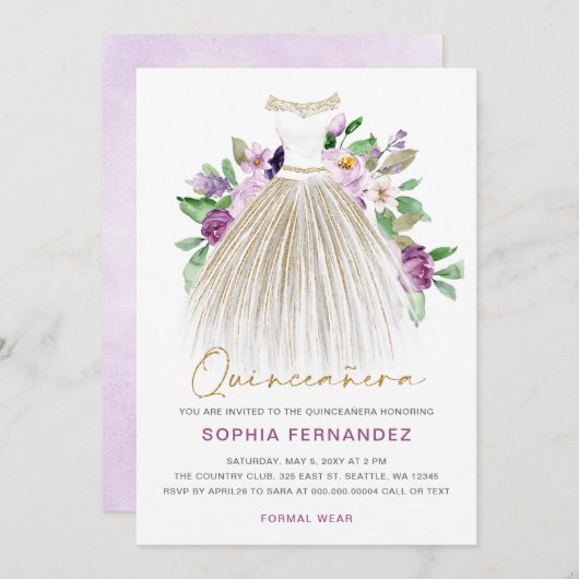 Paarse gouden glitter bloemenjurk quinceañera kaart (Voorkant / Achterkant)
