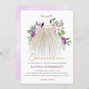 Paarse gouden glitter bloemenjurk quinceañera kaart