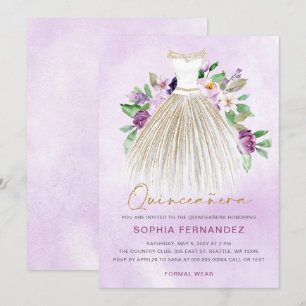 Paarse gouden glitter bloemenjurk quinceañera kaart