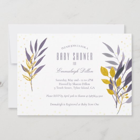 Paarse Gouden Glitter Botanisch Baby shower Kaart (Voorkant)