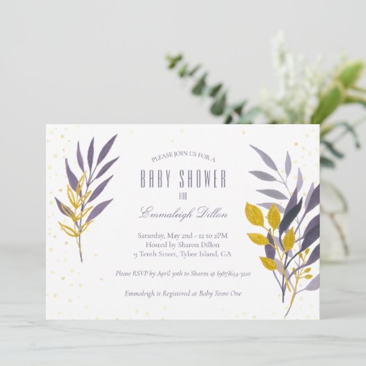 Paarse Gouden Glitter Botanisch Baby shower Kaart (Staand voorkant)