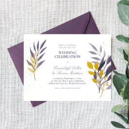 Paarse gouden glitter botanische bruiloft kaart