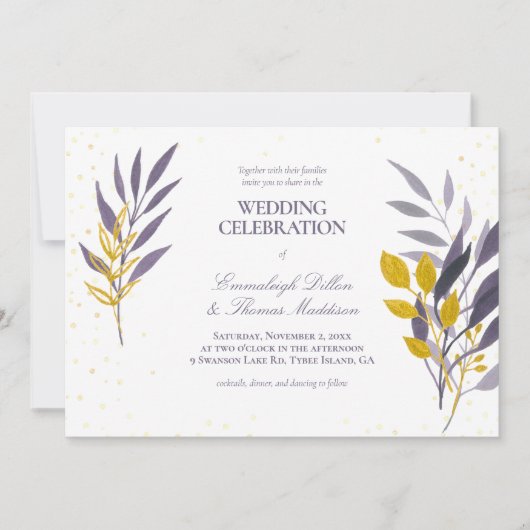 Paarse gouden glitter botanische bruiloft kaart (Voorkant)