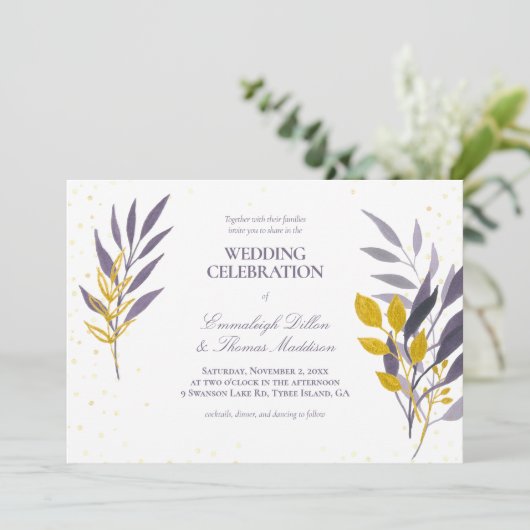 Paarse gouden glitter botanische bruiloft kaart (Staand voorkant)