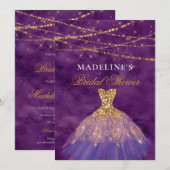 Paarse/Gouden Glitter Bruids Douche Uitnodiging (Voorkant / Achterkant)