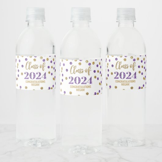 Paarse gouden glitter Confetti Afstuderen Waterfles Etiket (Flessen)