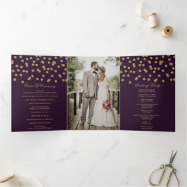 Paarse gouden glitter Confetti foto bruiloft Drieluik Programma
