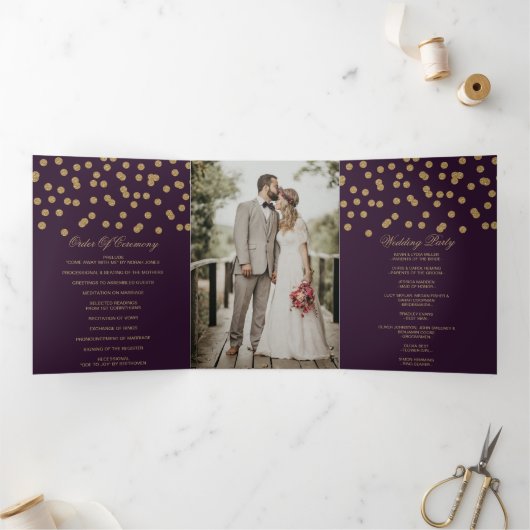 Paarse gouden glitter Confetti foto bruiloft Drieluik Programma (Binnen)