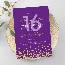 Paarse Gouden Glitter Confetti Surprise Sweet 16 Kaart