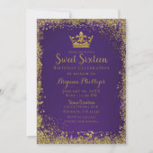 Paarse & Gouden Glitter Crown Sweet 16 Party Kaart (Voorkant)