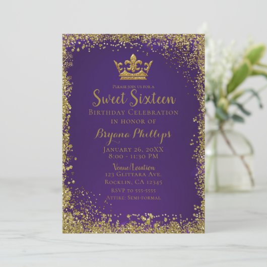 Paarse & Gouden Glitter Crown Sweet 16 Party Kaart (Staand voorkant)