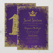 Paarse & Gouden Glitter Crown Sweet 16 Party Kaart (Voorkant / Achterkant)