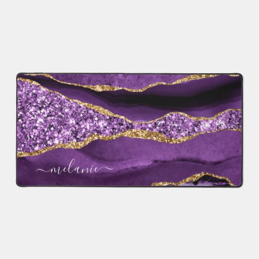 Paarse Gouden Glitter Desk Mat met Aangepaste Naam (Voorkant)