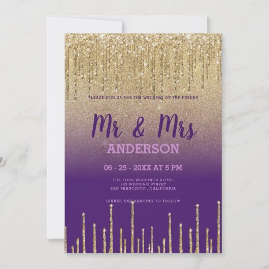 Paarse gouden glitter druppels script MR MRS bruil Kaart (Voorkant)