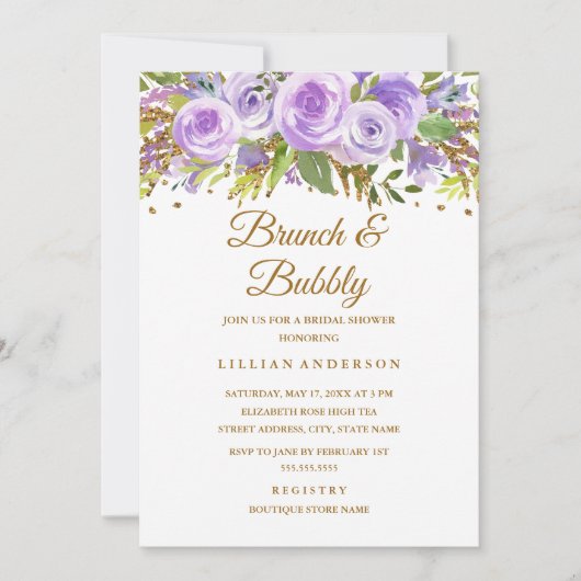 Paarse Gouden Glitter Floral Roos Brunch en Bubbly Kaart (Voorkant)