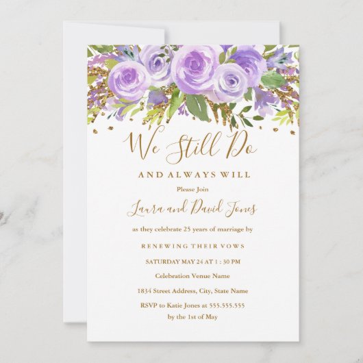 Paarse Gouden Glitter Floral Roos Gelofte Vernieuw Kaart (Voorkant)