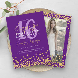 Paarse gouden glitter foto verrassing zoet 16 kaart