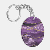 Paarse Gouden Glitter Geode Custom Name Sleutelhan Sleutelhanger (Voorkant Links)