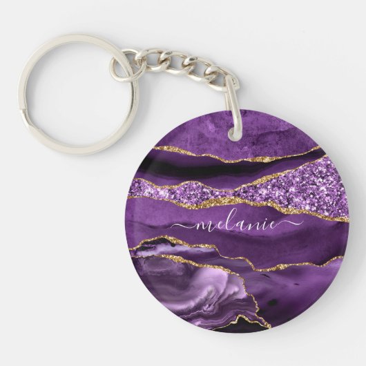 Paarse Gouden Glitter Geode Custom Name Sleutelhan Sleutelhanger (Voorkant)