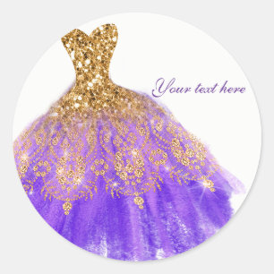 Paarse & Gouden Glitter Glam Jurk Verjaardagsfeest Ronde Sticker