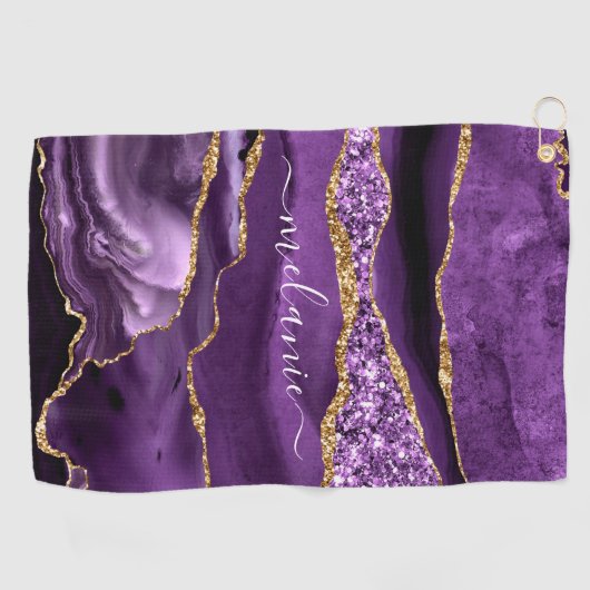Paarse Gouden Glitter Golfhanddoek met Aangepaste  (Horizontaal)