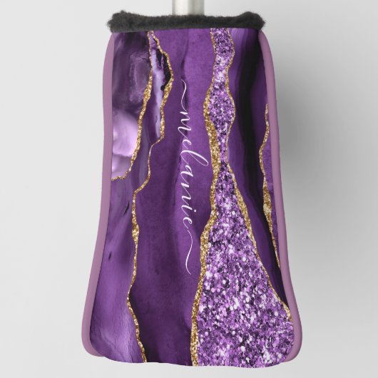 Paarse Gouden Glitter Golfkop Hoesje Custom Name Golfheadcover (Draai 90)