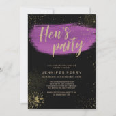 Paarse gouden glitter Hen's Party Invitation Kaart (Voorkant)