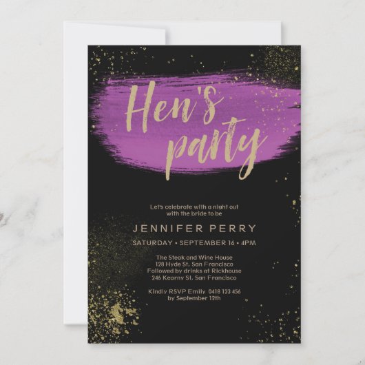 Paarse gouden glitter Hen's Party Invitation Kaart (Voorkant)