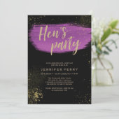 Paarse gouden glitter Hen's Party Invitation Kaart (Staand voorkant)