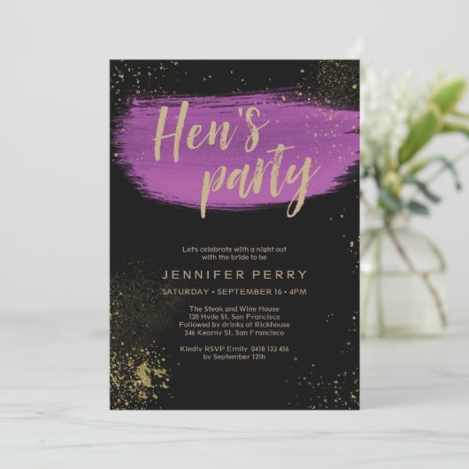 Paarse gouden glitter Hen's Party Invitation Kaart (Staand voorkant)