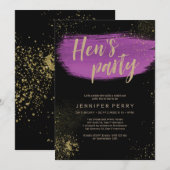 Paarse gouden glitter Hen's Party Invitation Kaart (Voorkant / Achterkant)