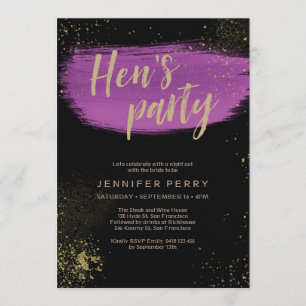 Paarse gouden glitter Hen's Party Invitation Kaart