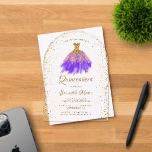 Paarse Gouden Glitter Jurk Quinceañera Party Acryl Uitnodigingen