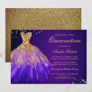 Paarse Gouden Glitter Jurk Quinceanera Uitnodiging