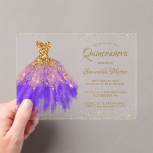 Paarse Gouden Glitter Jurk Script Quinceañera Part Acryl Uitnodigingen