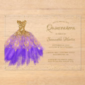 Paarse Gouden Glitter Jurk Script Quinceañera Part Acryl Uitnodigingen (Voorkant)