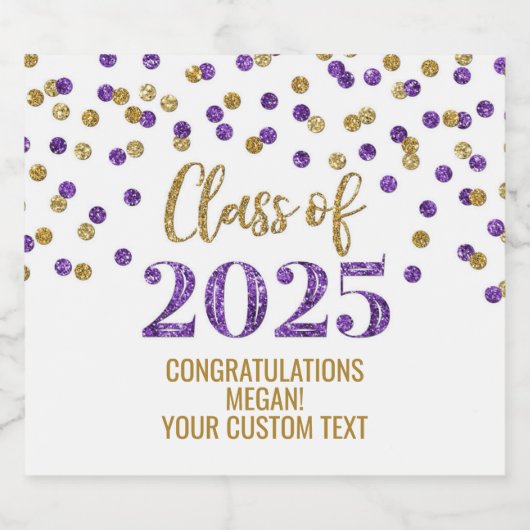 Paarse Gouden Glitter Klasse van 2025 Afstuderen Sparkling Wijnetiket (Enkel label)