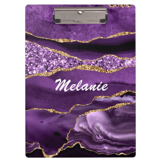 Paarse Gouden Glitter Klembord met Aangepaste Naam (Voorkant)