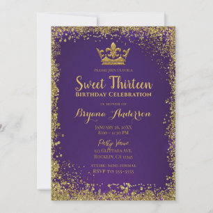 Paarse & Gouden Glitter Kroon Sweet 13 Feestje Kaart