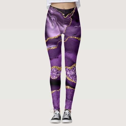 Paarse Gouden Glitter Leggings met Aangepaste Naam (Voorkant)
