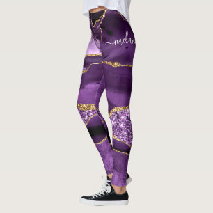 Paarse Gouden Glitter Leggings met Aangepaste Naam