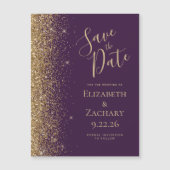 Paarse Gouden Glitter Magnetische Save the Date (Voorkant)