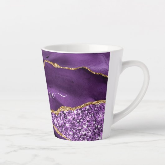 Paarse Gouden Glitter Marmer Aangepaste Naam Latte Latte Mok (Rechts)