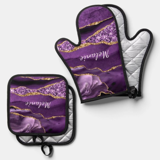 Paarse gouden glitter marmer aangepaste naam ovenwant & pannenlap set (Voorkant / Achterkant)