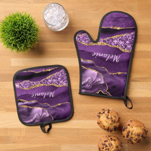 Paarse gouden glitter marmer aangepaste naam ovenwant & pannenlap set (Top down)
